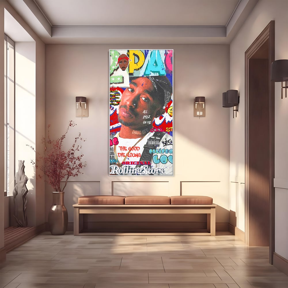 Tablou canvas cu tablou canvas cu portret tupac shakur, in rama de aluminiu argintiu