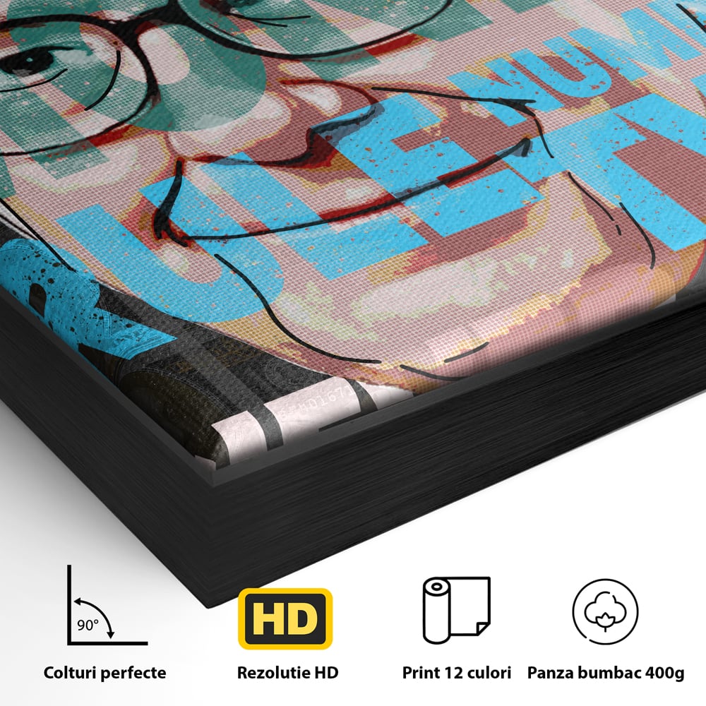 Detaliu al suprafetei: tablou canvas cu portretul stilizat al lui warren buffett, in rama de aluminiu negru