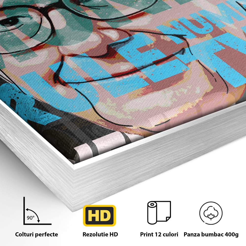 Detaliu al suprafetei: tablou canvas cu portretul stilizat al lui warren buffett, in rama de aluminiu argintiu