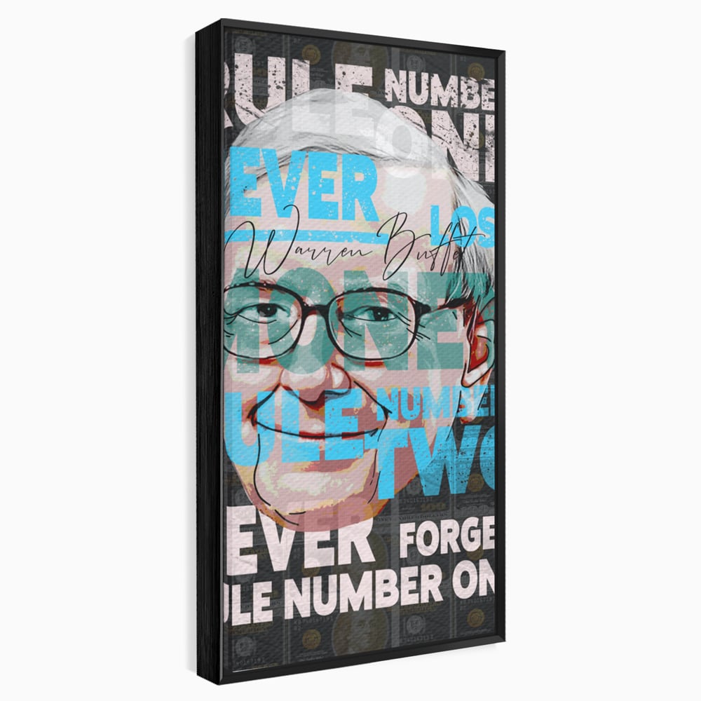 Tablou canvas cu tablou canvas cu portretul stilizat al lui warren buffett, in rama de aluminiu negru
