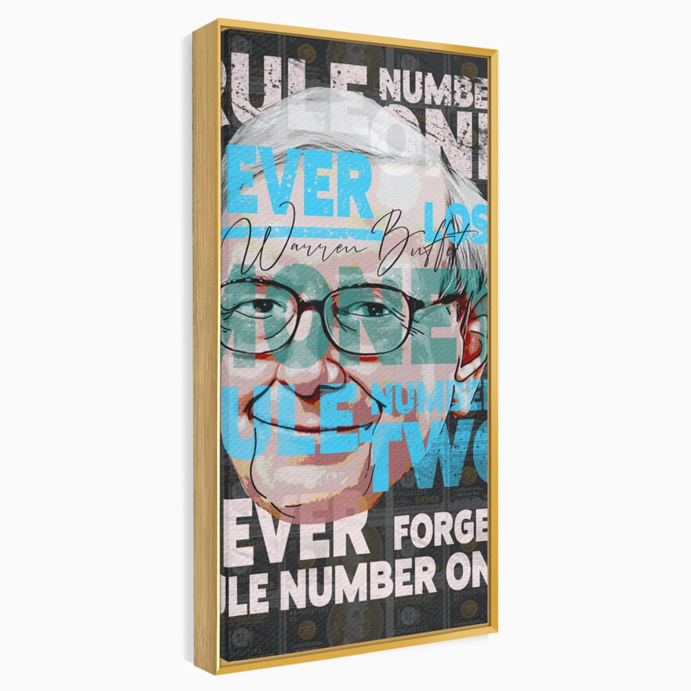 Tablou canvas cu tablou canvas cu portretul stilizat al lui warren buffett, in rama de aluminiu auriu