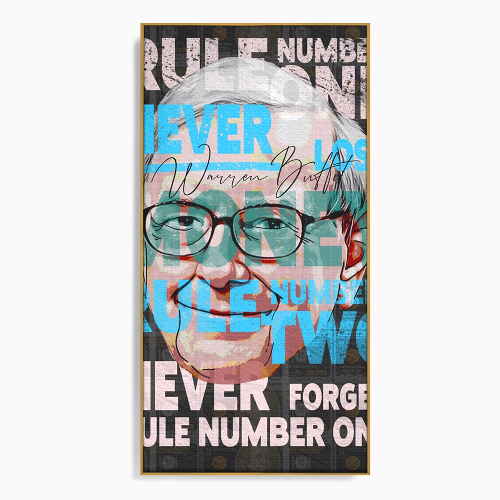 Tablou canvas cu tablou canvas cu portretul stilizat al lui warren buffett, in rama de aluminiu auriu