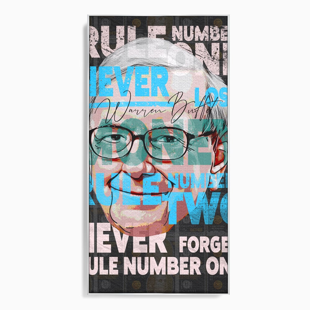 Tablou canvas cu tablou canvas cu portretul stilizat al lui warren buffett, in rama de aluminiu argintiu
