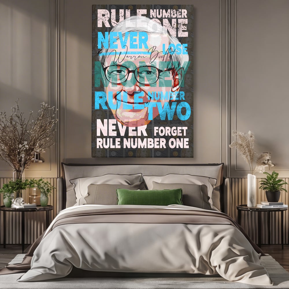 Tablou canvas cu tablou canvas cu portretul stilizat al lui warren buffett, fara rama, pe sasiu de lemn, pe perete intr-un dormitor