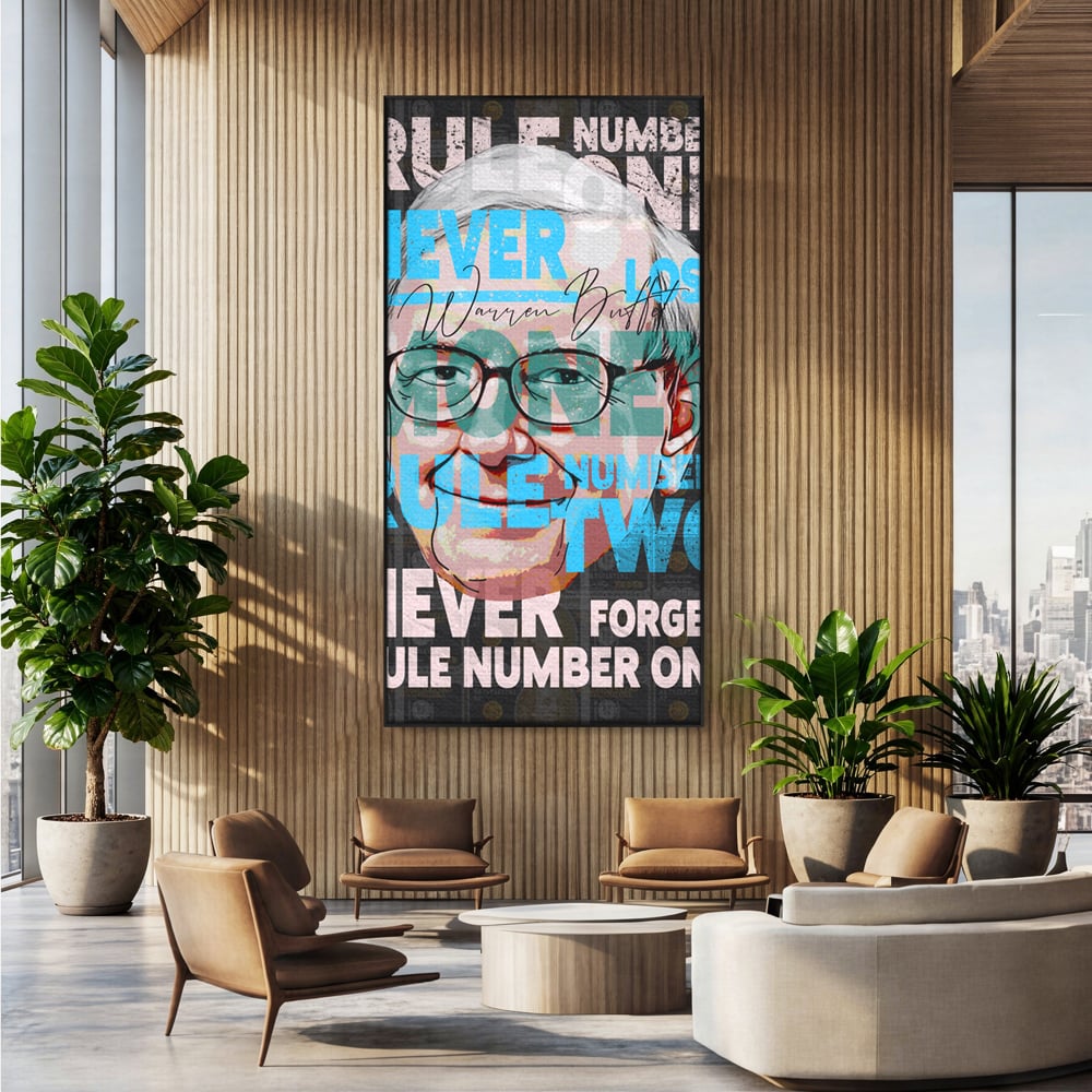 Tablou canvas cu tablou canvas cu portretul stilizat al lui warren buffett, in rama de aluminiu negru, pe perete intr-un birou