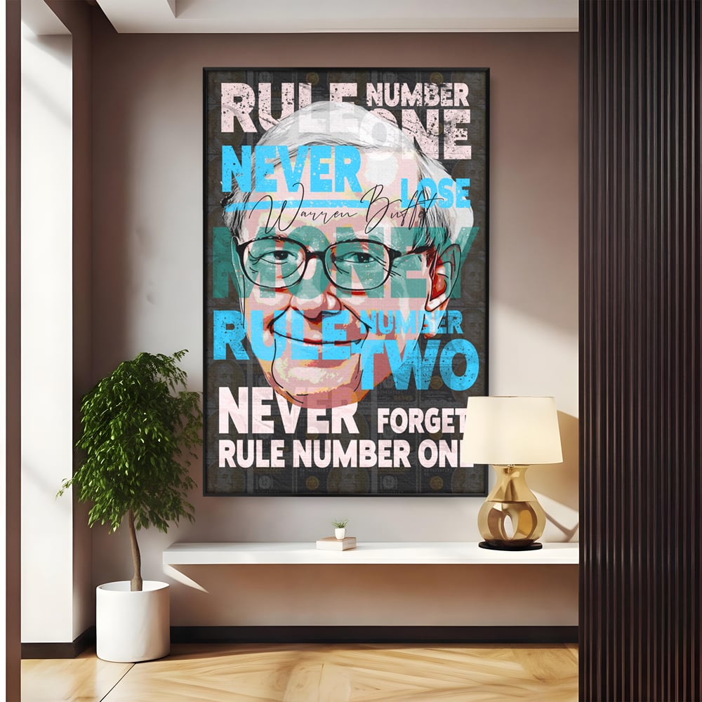 Tablou canvas cu tablou canvas cu portretul stilizat al lui warren buffett, in rama de aluminiu negru