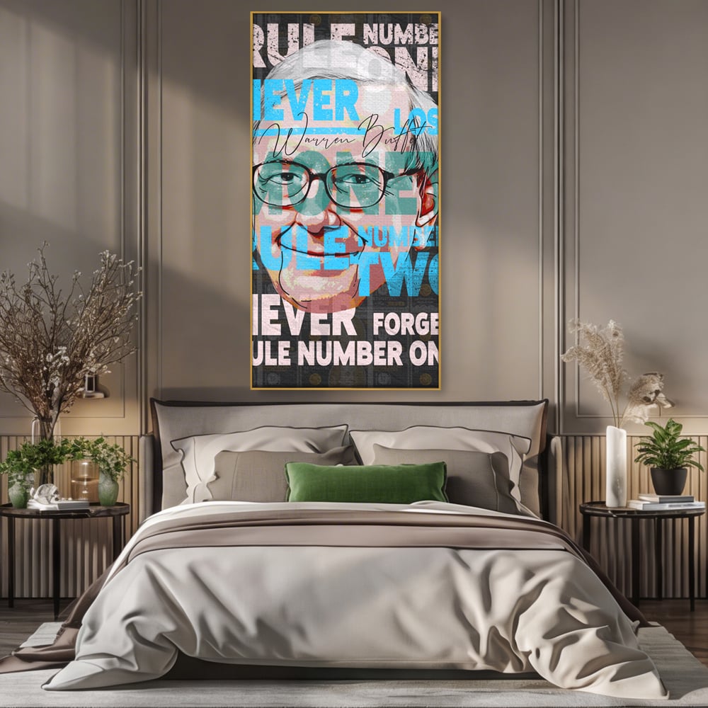 Tablou canvas cu tablou canvas cu portretul stilizat al lui warren buffett, in rama de aluminiu auriu, pe perete intr-un dormitor