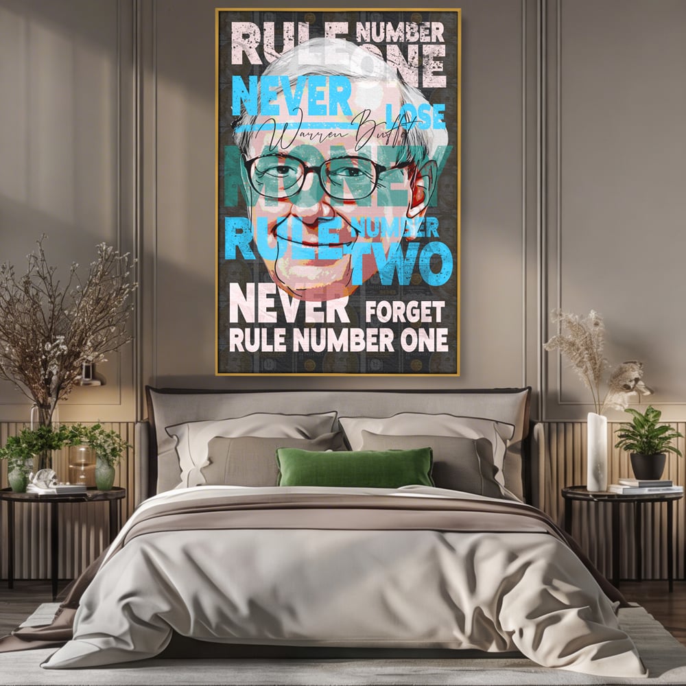 Tablou canvas cu tablou canvas cu portretul stilizat al lui warren buffett, in rama de aluminiu auriu, pe perete intr-un dormitor