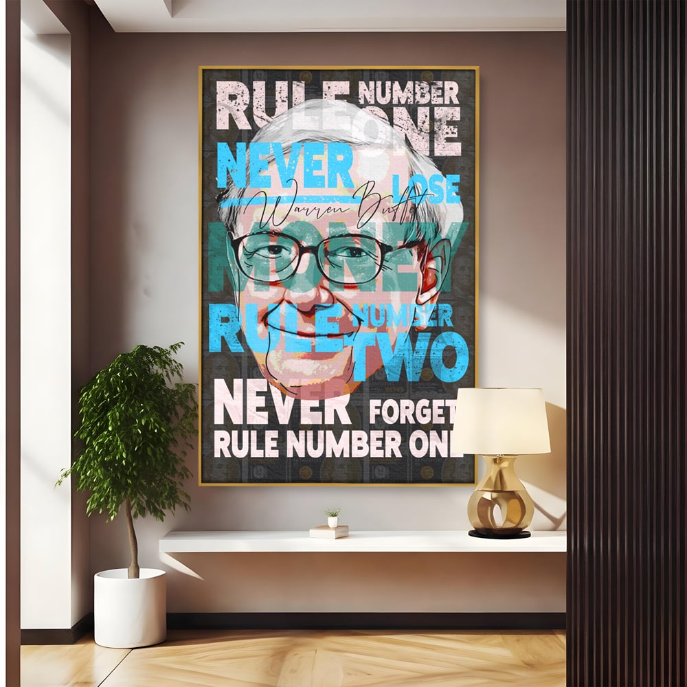 Tablou canvas cu tablou canvas cu portretul stilizat al lui warren buffett, in rama de aluminiu auriu