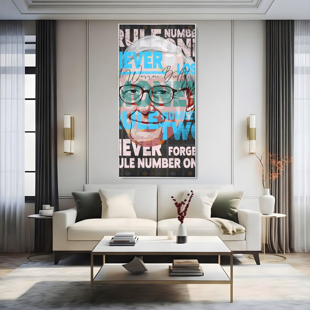 Tablou canvas cu tablou canvas cu portretul stilizat al lui warren buffett, in rama de aluminiu argintiu, pe perete intr-un living