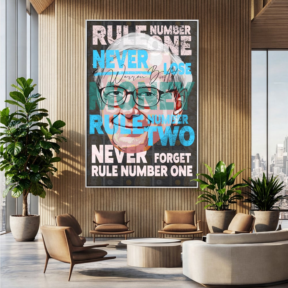 Tablou canvas cu tablou canvas cu portretul stilizat al lui warren buffett, in rama de aluminiu argintiu, pe perete intr-un birou