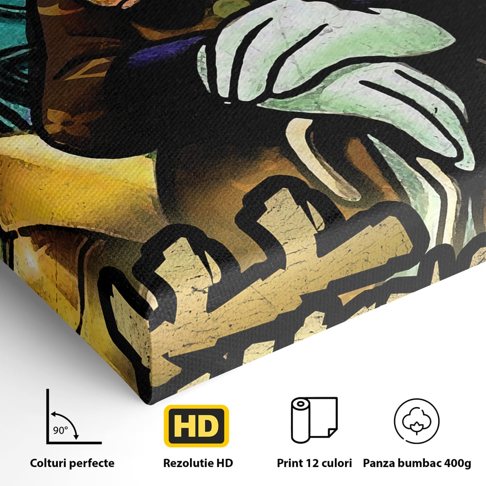 Detaliu al suprafetei: tablou canvas cu scrooge mcduck, fara rama, pe sasiu de lemn