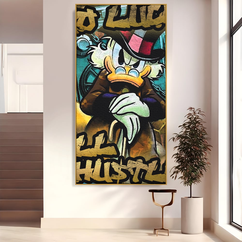 Tablou canvas cu tablou canvas cu scrooge mcduck, in rama de aluminiu auriu