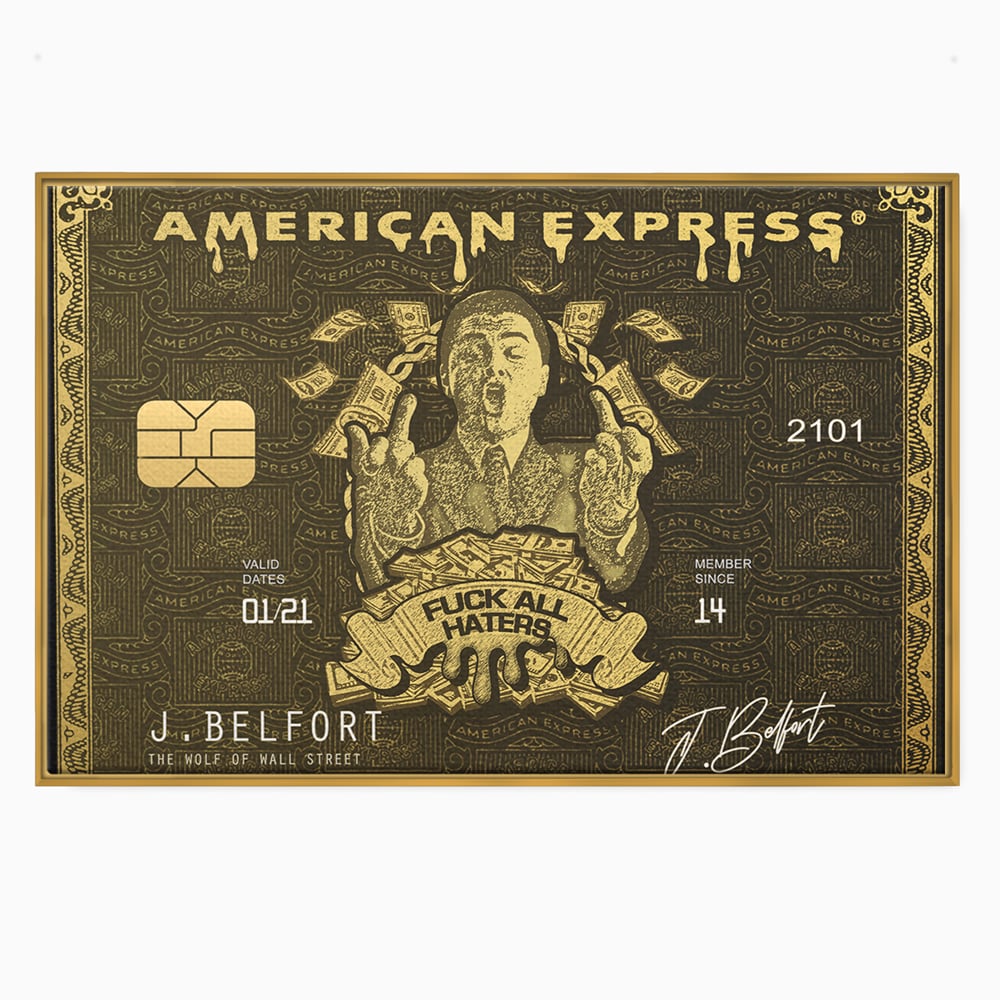 Tablou canvas cu tablou canvas cu card american express stilizat, in rama de aluminiu auriu