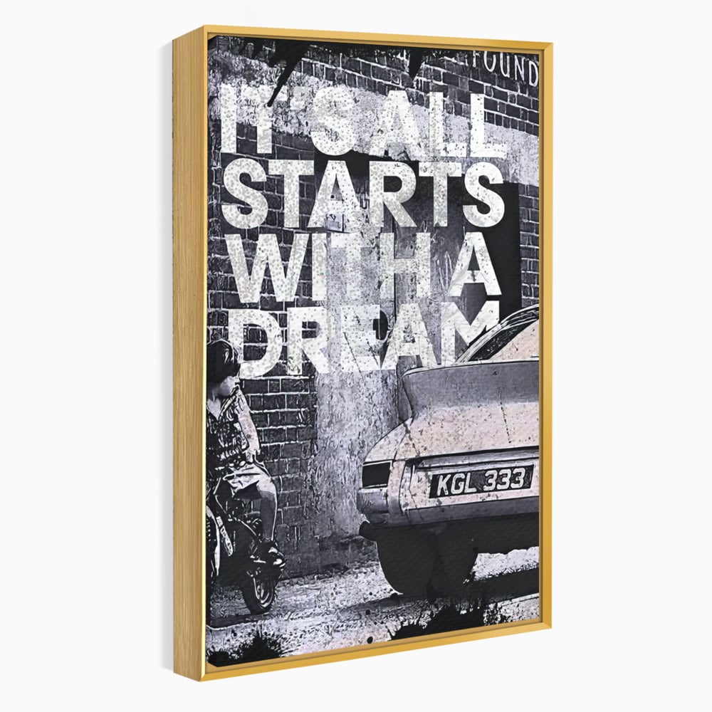 Tablou canvas cu tablou motivational alb-negru cu text si masina, in rama de aluminiu auriu