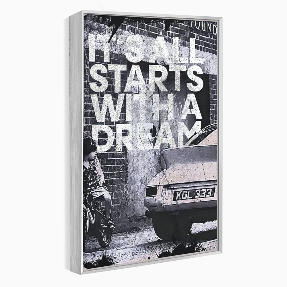 Tablou canvas cu tablou motivational alb-negru cu text si masina, in rama de aluminiu argintiu