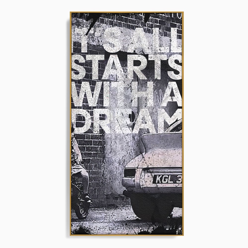 Tablou canvas cu tablou motivational alb-negru cu text si masina, in rama de aluminiu auriu