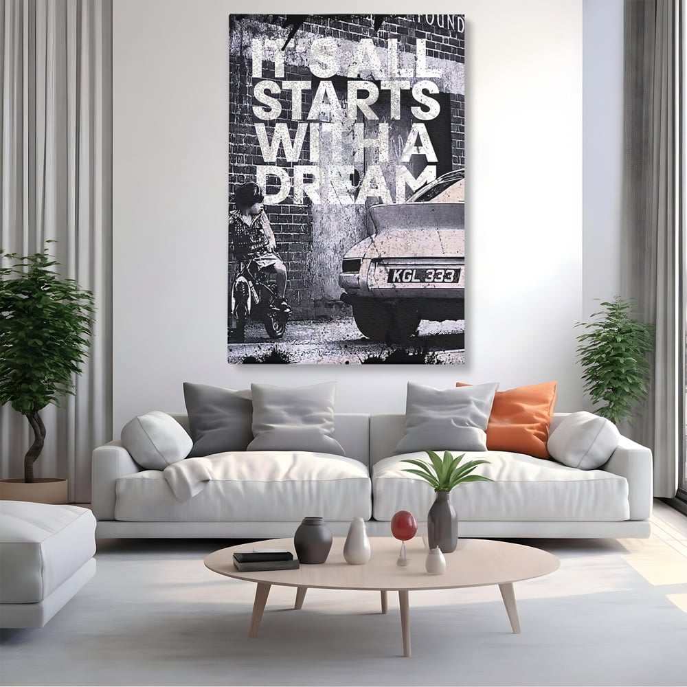 Tablou canvas cu tablou motivational alb-negru cu text si masina, fara rama, pe sasiu de lemn, pe perete intr-un living