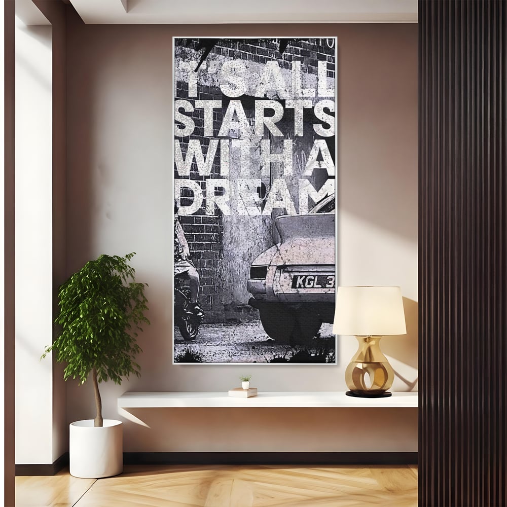 Tablou canvas cu tablou motivational alb-negru cu text si masina, in rama de aluminiu argintiu