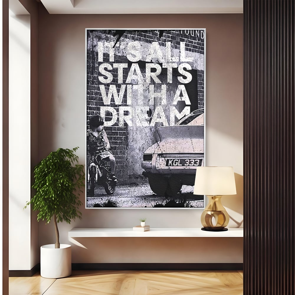 Tablou canvas cu tablou motivational alb-negru cu text si masina, in rama de aluminiu argintiu