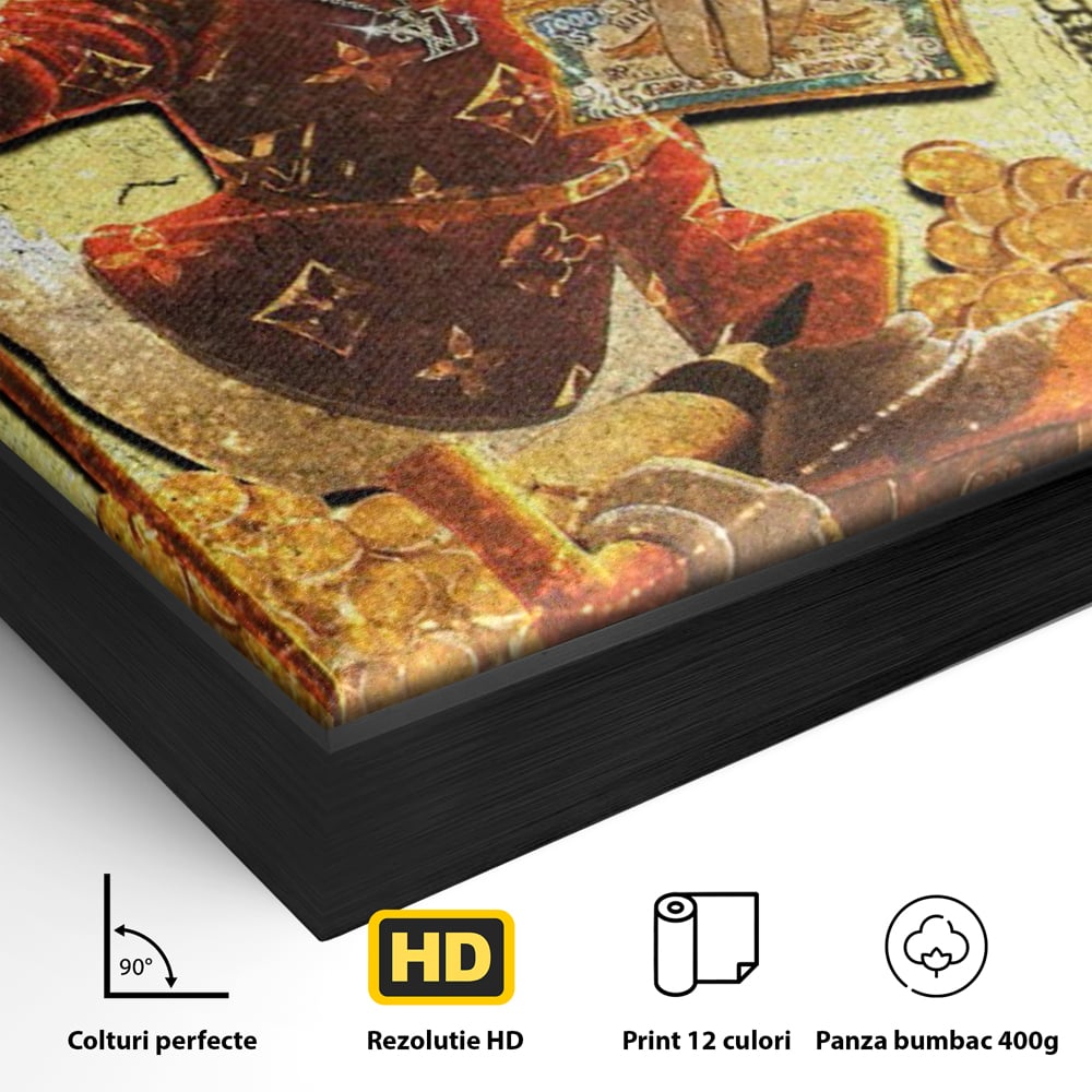 Detaliu al suprafetei: tablou canvas cu personaj disney si bani, in rama de aluminiu negru