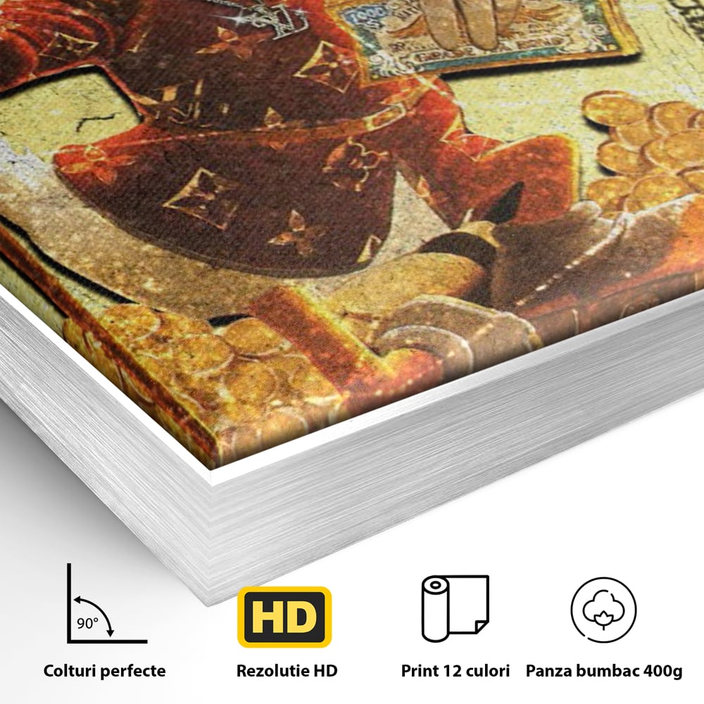 Detaliu al suprafetei: tablou canvas cu personaj disney si bani, in rama de aluminiu argintiu