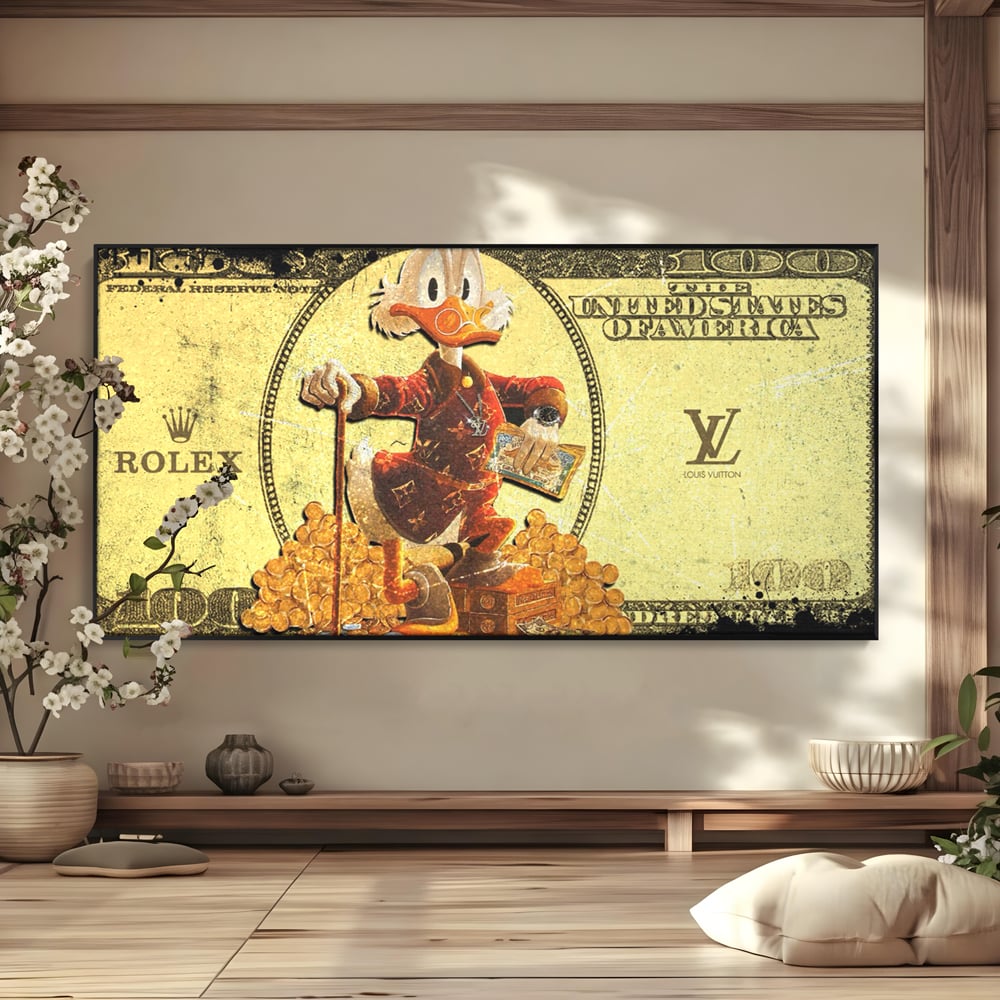Tablou canvas cu tablou canvas cu personaj disney si bani, in rama de aluminiu negru