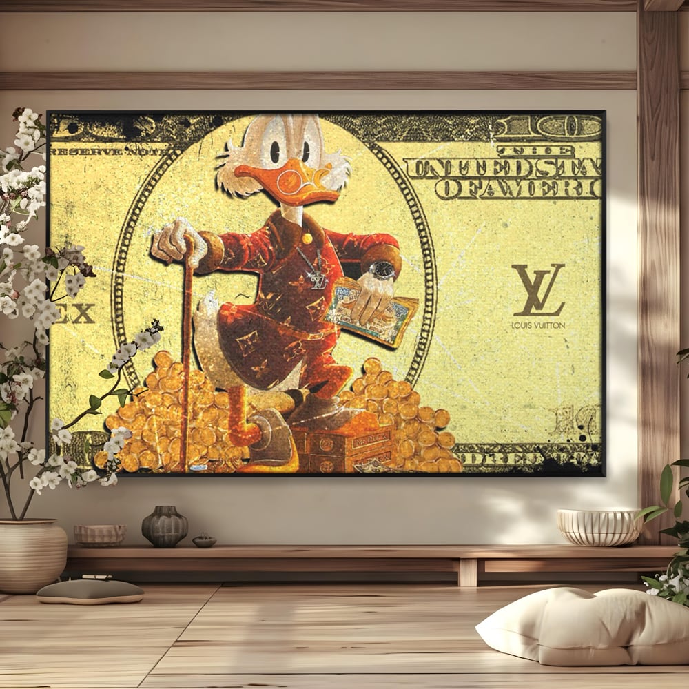 Tablou canvas cu tablou canvas cu personaj disney si bani, in rama de aluminiu negru