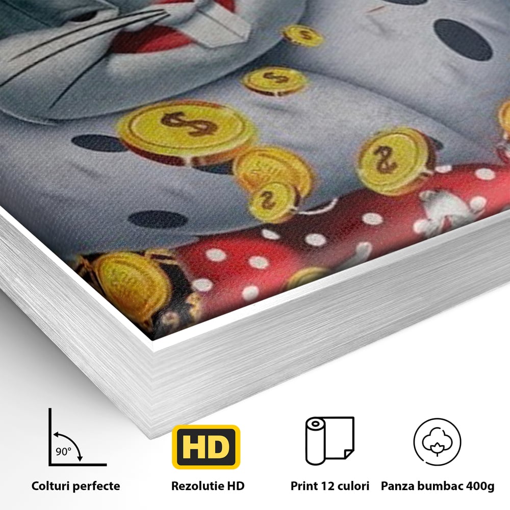 Detaliu al suprafetei: tablou canvas cu bugs bunny rege, in rama de aluminiu argintiu