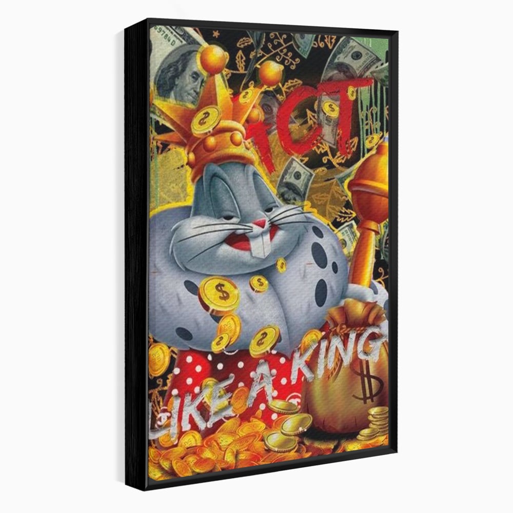 Tablou canvas cu tablou canvas cu bugs bunny rege, in rama de aluminiu negru