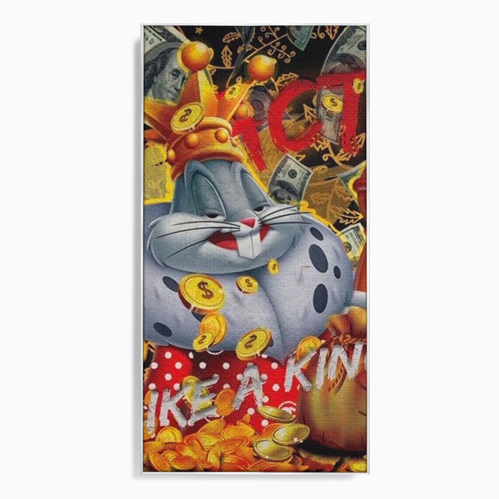 Tablou canvas cu tablou canvas cu bugs bunny rege, in rama de aluminiu argintiu