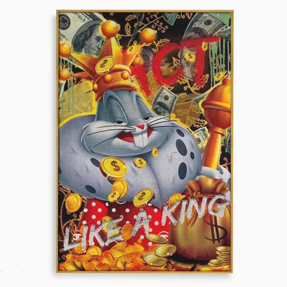 Tablou canvas cu tablou canvas cu bugs bunny rege, in rama de aluminiu auriu