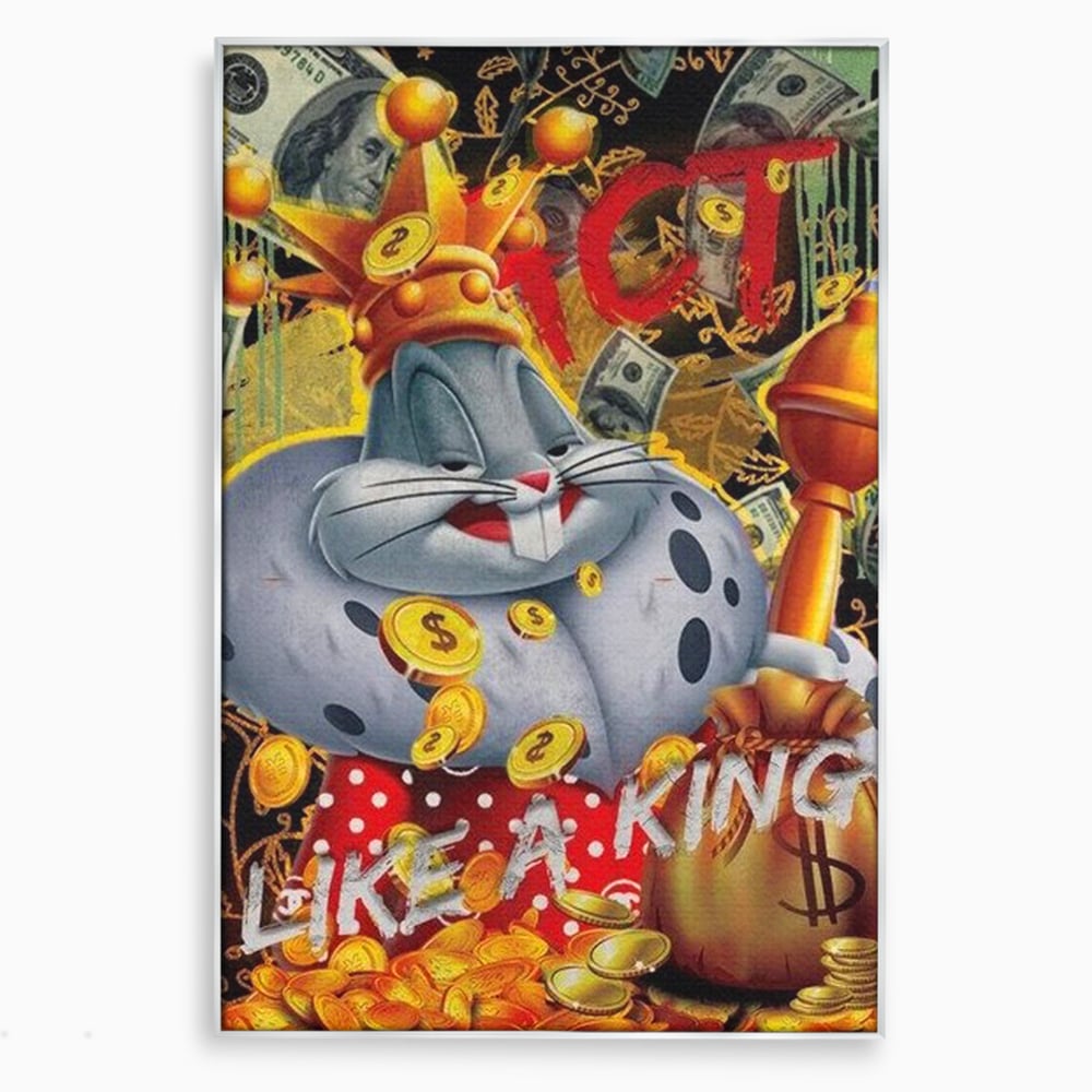 Tablou canvas cu tablou canvas cu bugs bunny rege, in rama de aluminiu argintiu