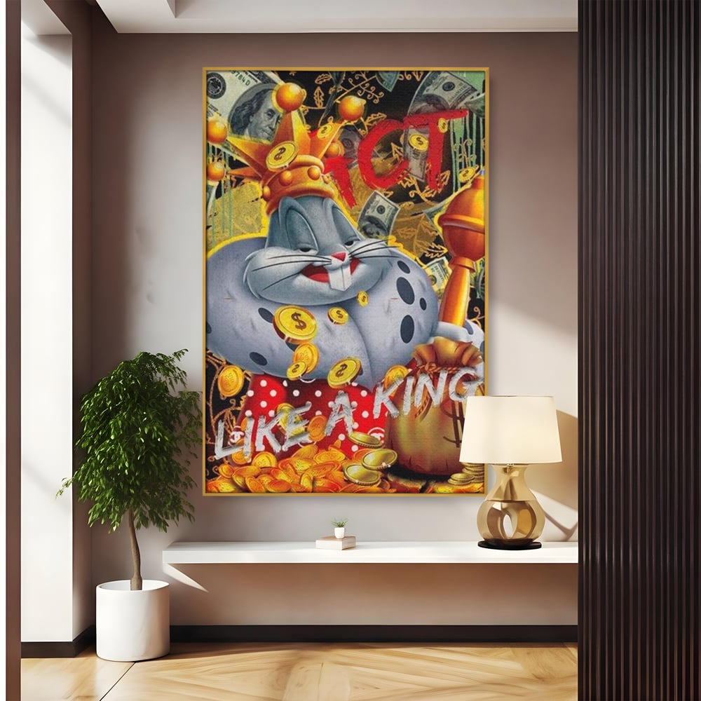 Tablou canvas cu tablou canvas cu bugs bunny rege, in rama de aluminiu auriu