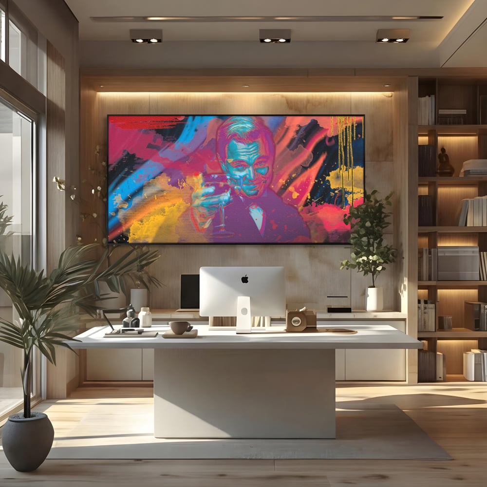 Tablou canvas cu tablou canvas cu leonardo dicaprio, in rama de aluminiu negru, pe perete intr-un birou