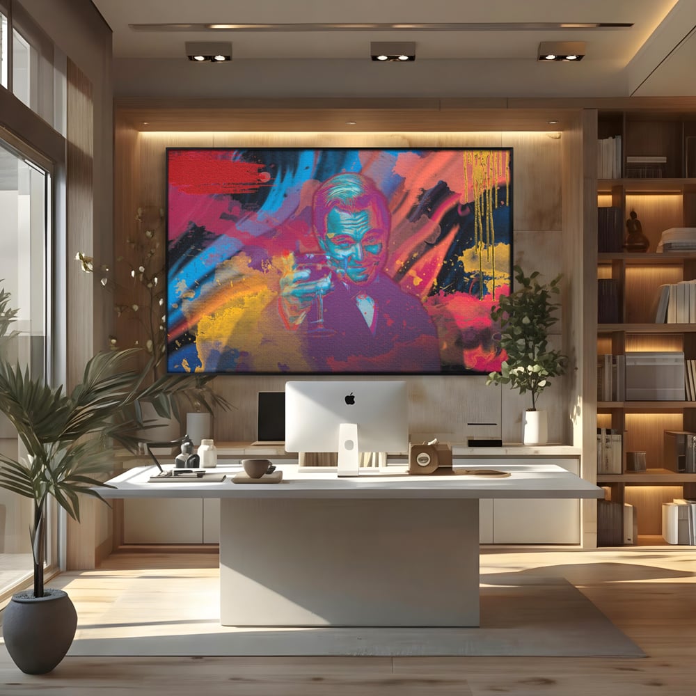 Tablou canvas cu tablou canvas cu leonardo dicaprio, in rama de aluminiu negru, pe perete intr-un birou