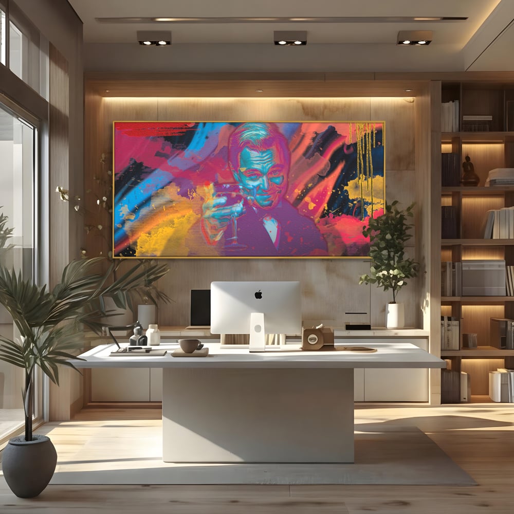 Tablou canvas cu tablou canvas cu leonardo dicaprio, in rama de aluminiu auriu, pe perete intr-un birou