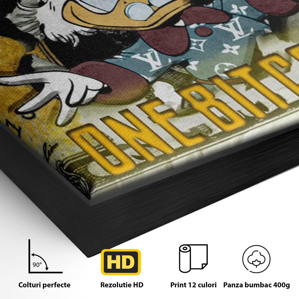 Detaliu al suprafetei: tablou canvas cu donald duck si bitcoin, in rama de aluminiu negru
