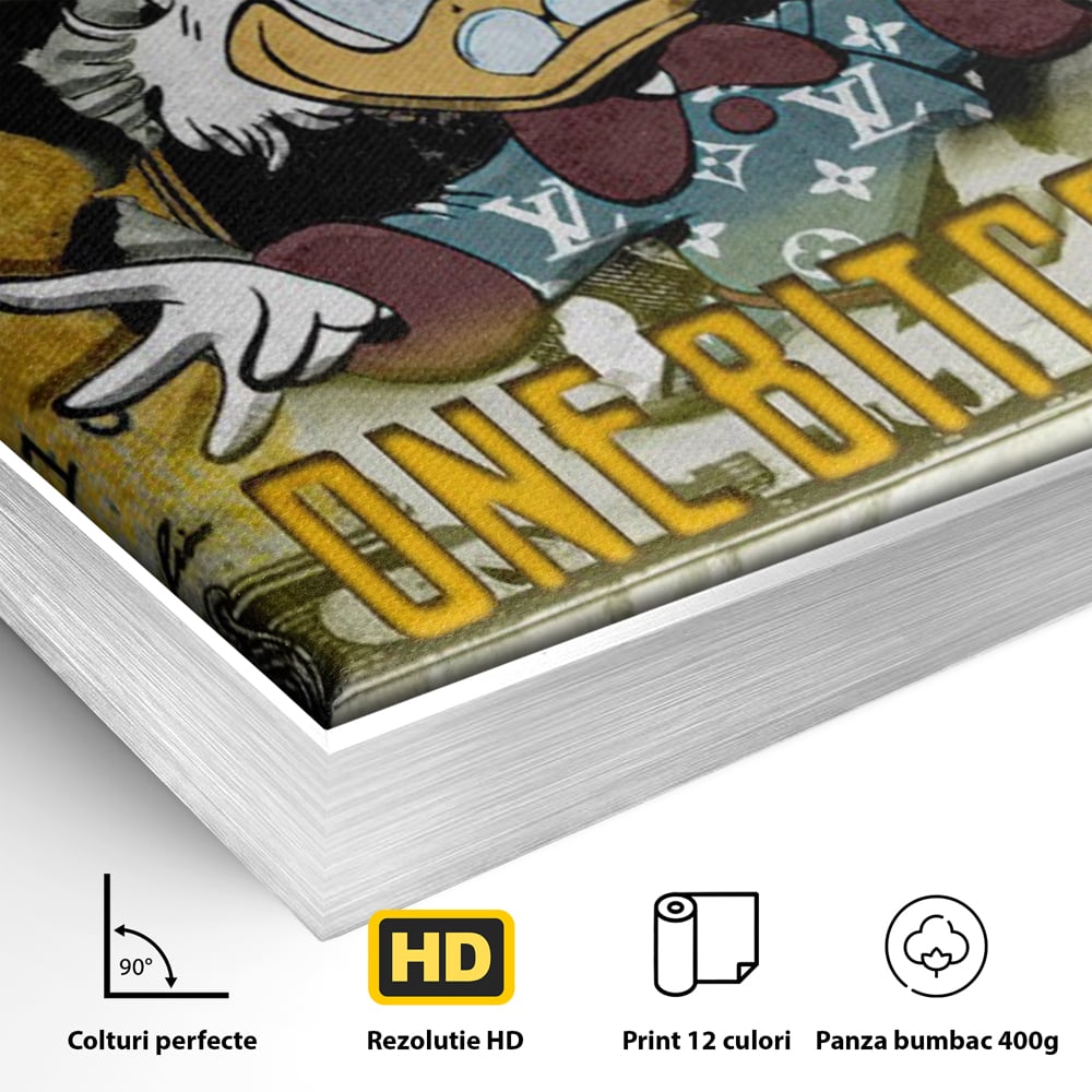 Detaliu al suprafetei: tablou canvas cu donald duck si bitcoin, in rama de aluminiu argintiu