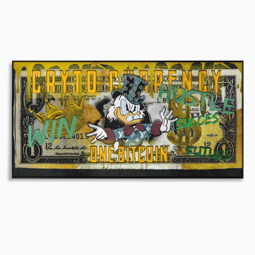Tablou canvas cu tablou canvas cu donald duck si bitcoin, in rama de aluminiu negru