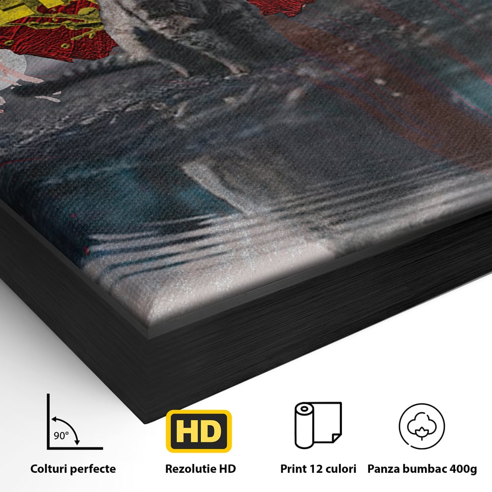 Detaliu al suprafetei: tablou canvas motivatie cu pisica si leu, in rama de aluminiu negru