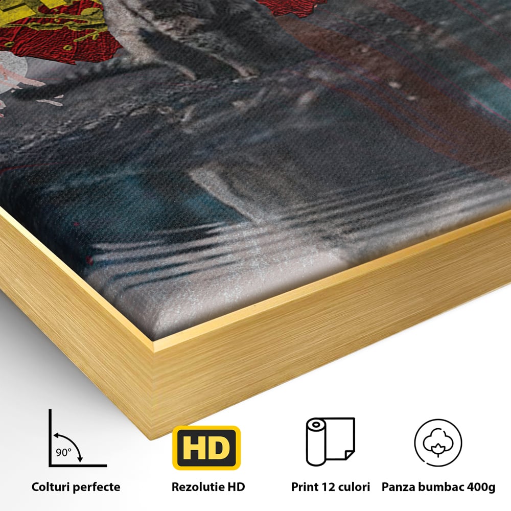 Detaliu al suprafetei: tablou canvas motivatie cu pisica si leu, in rama de aluminiu auriu