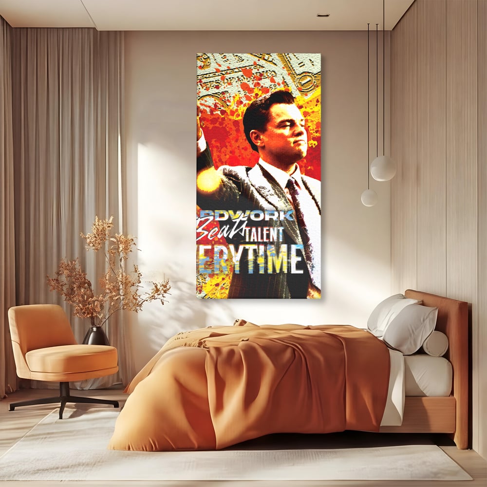 Tablou canvas cu tablou canvas cu leonardo dicaprio, fara rama, pe sasiu de lemn, pe perete intr-un dormitor
