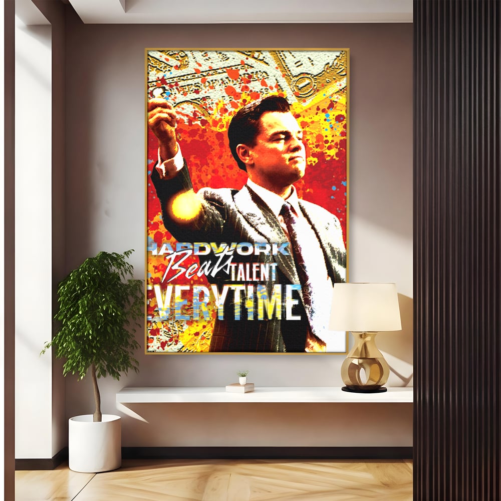 Tablou canvas cu tablou canvas cu leonardo dicaprio, in rama de aluminiu auriu