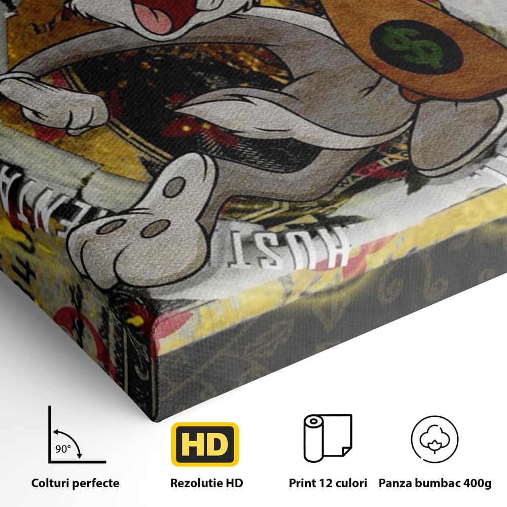 Detaliu al suprafetei: tablou canvas cu dolar si bugs bunny, fara rama, pe sasiu de lemn