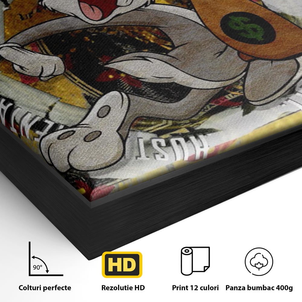 Detaliu al suprafetei: tablou canvas cu dolar si bugs bunny, in rama de aluminiu negru