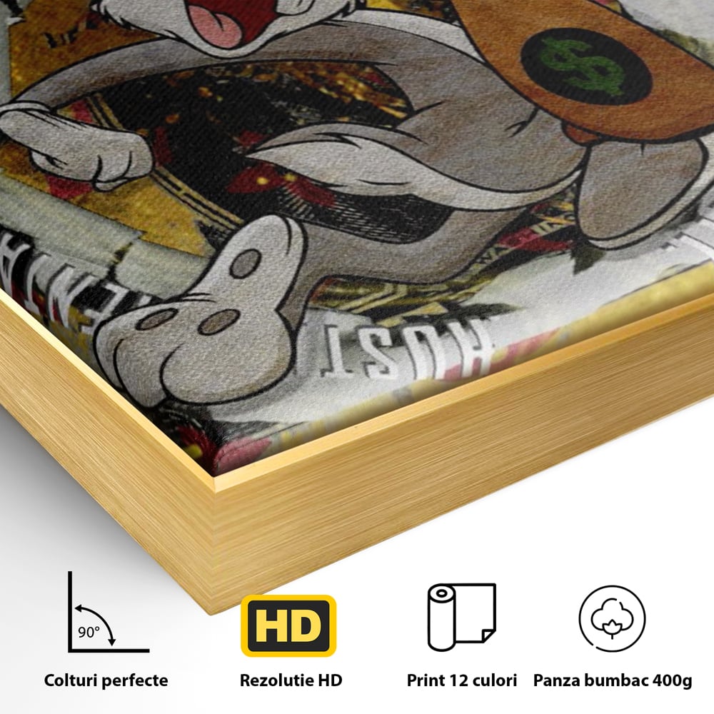 Detaliu al suprafetei: tablou canvas cu dolar si bugs bunny, in rama de aluminiu auriu