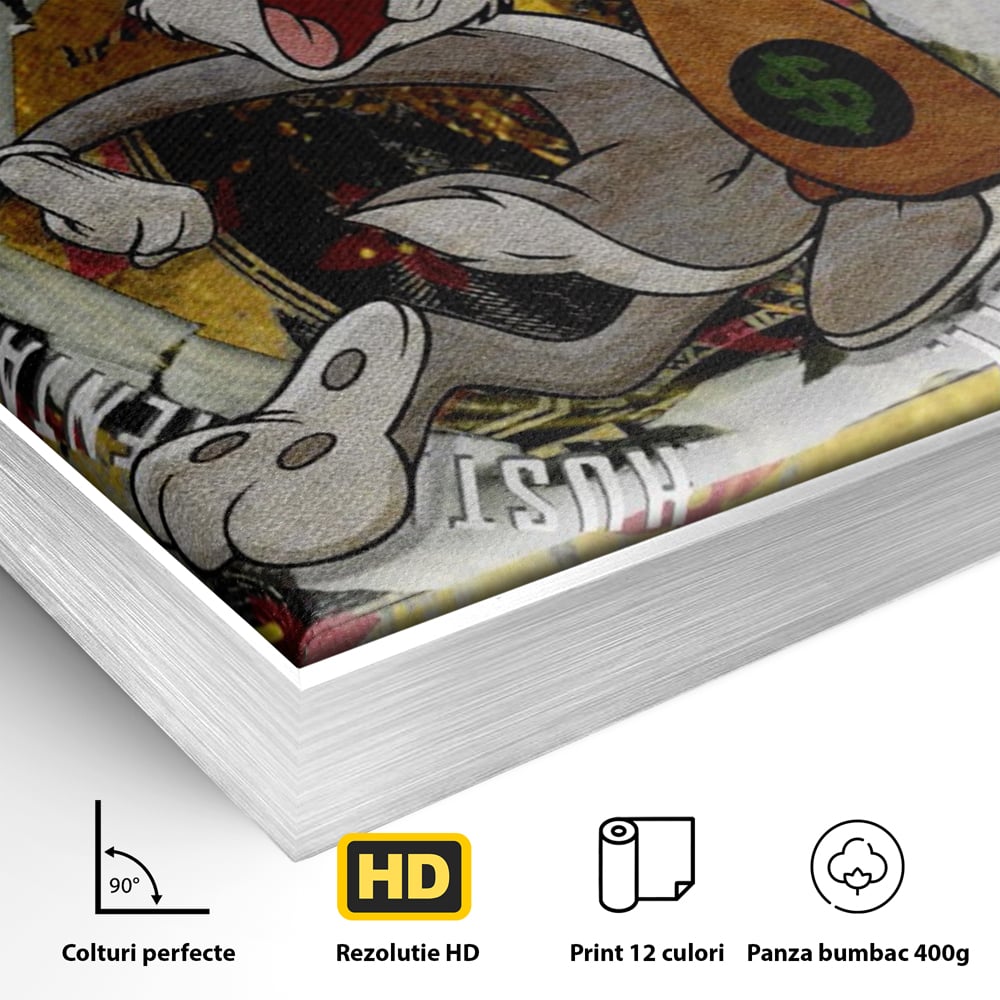 Detaliu al suprafetei: tablou canvas cu dolar si bugs bunny, in rama de aluminiu argintiu
