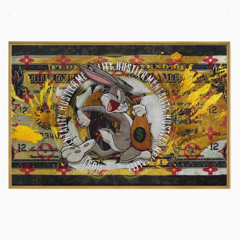 Tablou canvas cu tablou canvas cu dolar si bugs bunny, in rama de aluminiu auriu