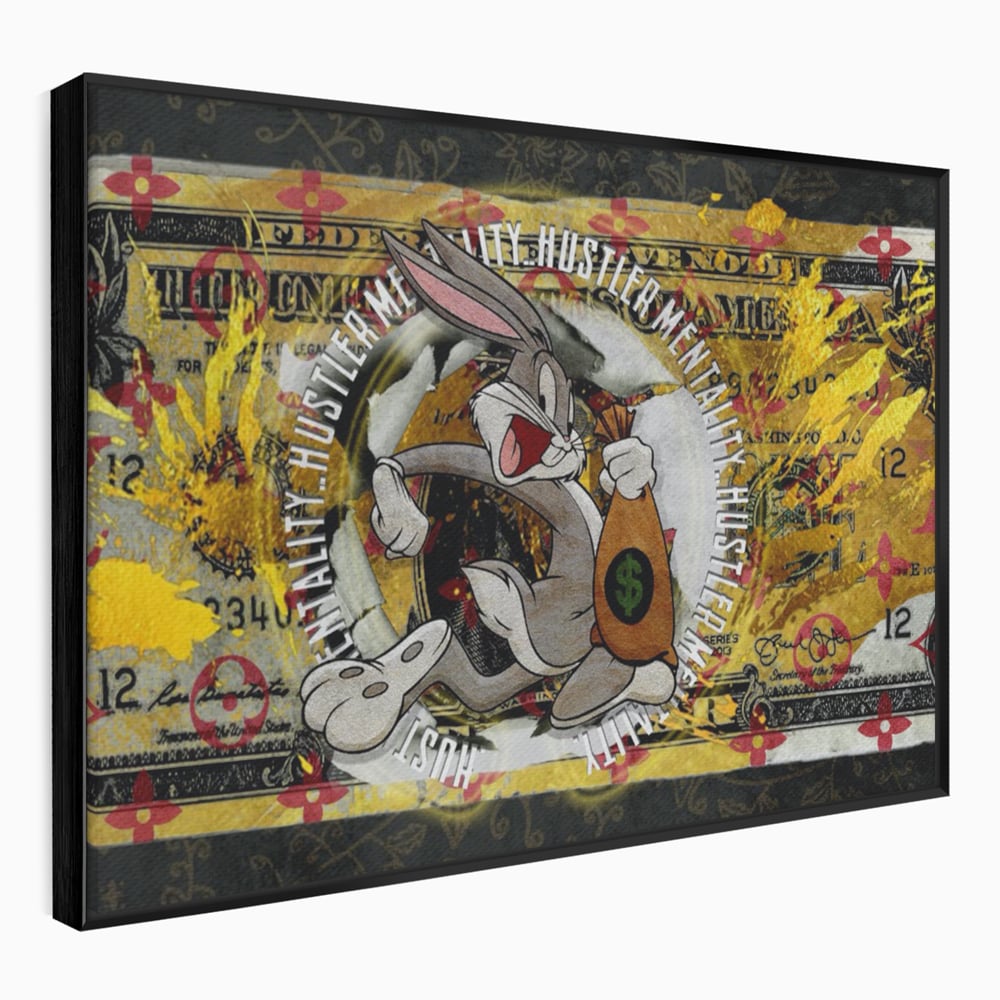 Tablou canvas cu tablou canvas cu dolar si bugs bunny, in rama de aluminiu negru